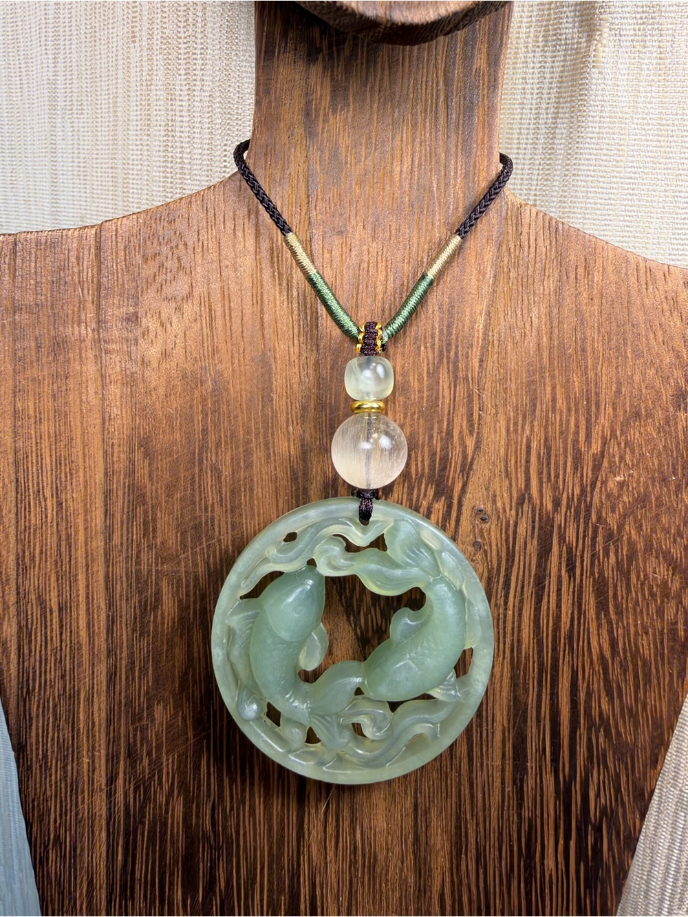 Xiuyan Jade Double Koi Fish Carving Pendant Necklace on Adjustable Rope